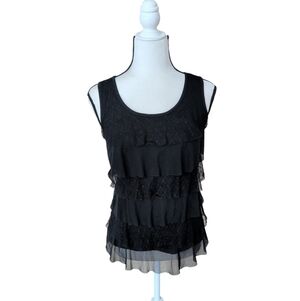 Chico's Lace Mesh Tiered Ruffle Front Sleeveless Top 0 Black